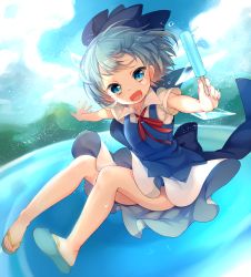 Rule 34 | 1girl, bare legs, blue dress, blue eyes, blue hair, blue sky, cirno, cloud, day, dress, fang, flip-flops, flying, food, highres, ice, ice wings, lake, looking at viewer, matching hair/eyes, open mouth, outstretched arms, paragasu (parags112), popsicle, puffy short sleeves, puffy sleeves, sandals, shirt, short sleeves, sky, slippers, smile, solo, touhou, upskirt, wings