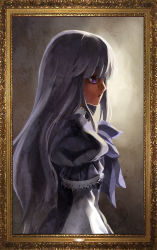 Rule 34 | 1girl, blue hair, bow, framed, frederica bernkastel, highres, long hair, otaku (artist), painting (object), portrait, purple eyes, solo, umineko no naku koro ni