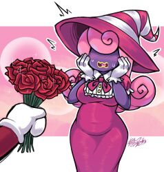 Rule 34 | 1boy, 1girl, absurdres, alternate costume, blush, border, bouquet, breasts, colored skin, covered navel, cowboy shot, curly hair, dress, embarrassed, flower, ghost, gloves, hands on own face, hat, highres, kaibuzetta, large breasts, long hair, mario, mario (series), md5 mismatch, nintendo, open mouth, paper mario, paper mario: the thousand year door, pink background, pink hair, plump, pov, pov hands, purple skin, rose, sparkle, surprised, sweat, sweatdrop, vivian (paper mario), wavy mouth, white border, wide hips, witch hat, yellow lips