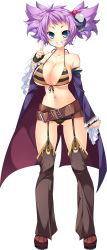 Rule 34 | 1girl, absurdres, artist request, bare shoulders, belt, bikini, bikini top only, black thighhighs, blue bikini, blue eyes, breasts, cape, cleavage, detached sleeves, front-tie bikini top, front-tie top, full body, game cg, garter straps, gloves, grin, hair ornament, halterneck, highres, koihime musou, large breasts, looking at viewer, messy hair, purple hair, riten, short shorts, shorts, skull hair ornament, smile, solo, standing, striped bikini, striped clothes, swimsuit, thighhighs, transparent background, two-sided cape, two-sided fabric, yellow bikini