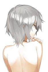 Rule 34 | 10s, 1girl, 92m, anastasia (idolmaster), back, back focus, blue eyes, female focus, from behind, hand on own shoulder, idolmaster, idolmaster cinderella girls, jewelry, necklace, signature, silver hair, simple background, solo, topless, topless frame, upper body, white background