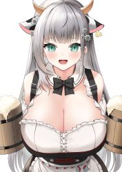 Rule 34 | 1girl, :d, absurdres, animal ears, black bow, black bowtie, blouse, blush, bow, bowtie, breasts, commentary request, cow ears, cow horns, cup, detached collar, extra ears, frilled shirt, frills, green eyes, highres, holding, holding cup, hololive, hololive fantasy, horns, large breasts, long hair, neko lu (wofud453), open mouth, shirogane noel, shirogane noel (dirndl), shirt, silver hair, simple background, smile, solo, upper body, very long hair, virtual youtuber, white background, white shirt