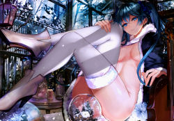Rule 34 | 1girl, blue eyes, blue hair, breasts, coat, convenient censoring, hatsune miku, high heels, legs, long legs, looking at viewer, matching hair/eyes, misaka 12003-gou, naked coat, revision, sitting, smile, snow, snow globe, solo, thighhighs, thighs, vocaloid, white thighhighs