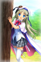 Rule 34 | 1girl, beret, blue eyes, bow, cape, day, fang, hat, key (company), little busters!, mutsuki (moonknives), noumi kudryavka, open mouth, outdoors, pink bow, ribbon, school uniform, silver hair, smile, solo, thighhighs, tree, white hat, white thighhighs, zettai ryouiki