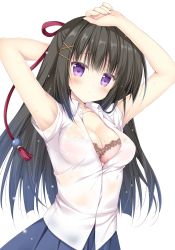 Rule 34 | 1girl, armpits, arms up, black hair, blue skirt, blush, bra, breasts, cleavage, closed mouth, collarbone, collared shirt, dress shirt, hair ornament, hair ribbon, highres, korie riko, long hair, looking at viewer, medium breasts, original, pink bra, pleated skirt, purple eyes, red ribbon, ribbon, school uniform, shirt, short sleeves, simple background, skirt, solo, standing, unbuttoned, unbuttoned shirt, underwear, very long hair, white background, white shirt, wing collar, x hair ornament