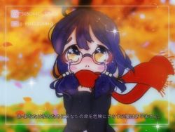 Rule 34 | artist name, autumn, character, clenched hand, crying, floating scarf, framed, frown, glasses, hair between eyes, hair tie, jacket, leaf, lowres, original, purple hair, red scarf, scarf, short twintails, signature, solo, subtitled, tsxbomii., twintails, watermark, wind, yellow eyes