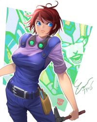 Rule 34 | 1girl, autobot, belt, blue eyes, blue overalls, breasts, hammer, large breasts, nautica (transformers), overalls, purple sweater, red hair, short hair, solo, sweater, the transformers (idw), transformers, zoner