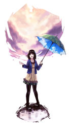 Rule 34 | 1girl, :d, absurdres, bad id, bad pixiv id, black hair, black pantyhose, brick, cano, cherry blossoms, dress, grey eyes, highres, legs, open mouth, original, pantyhose, petals, pigeon-toed, puddle, sky, sky print, smile, solo, umbrella