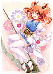 Rule 34 | 1girl, adapted costume, alternate costume, coin, floral print, hair bobbles, hair ornament, high heels, highres, ichirino minagi, long sleeves, obi, onozuka komachi, puffy sleeves, red eyes, red hair, sash, scythe, shirt, side slit, skirt, smile, solo, thighhighs, touhou, twintails, two side up, white thighhighs, wide sleeves, zettai ryouiki