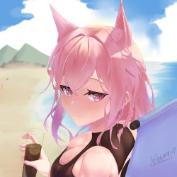 Rule 34 | 1girl, absurdres, alternate costume, animal ear fluff, animal ears, arknights, artist name, bare shoulders, beach, black shirt, blue sky, braid, breasts, cleavage, cleavage cutout, closed mouth, clothing cutout, cup, day, drink, drinking glass, from behind, highres, holding, holding cup, large breasts, long hair, looking at viewer, looking back, ocean, outdoors, pink hair, pozyomka (arknights), purple eyes, shirt, side braid, signature, sky, sleeveless, sleeveless shirt, solo, upper body, water, wolf ears, youmon