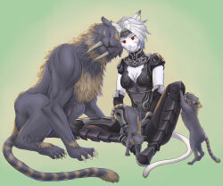 Rule 34 | 1girl, :3, animal ear fluff, animal ears, ark angel, ark angel mr, armor, black armor, breasts, cactus41747280, cat ears, cat girl, cat tail, cleavage, closed mouth, colored skin, cub, fang, fang out, final fantasy, final fantasy xi, gradient background, grey hair, hair intakes, heads together, highres, medium breasts, mithra (ff11), sabertooth cat, short hair, sitting, smile, solo, tail, white skin, white tail