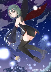 Rule 34 | antennae, ass, bare back, bare shoulders, black dress, black footwear, black panties, black thighhighs, buttons, detached sleeves, dress, freeze (867139), full body, green eyes, green hair, hair between eyes, highres, holding, light particles, looking at viewer, night, night sky, panties, shoes, short dress, short hair, sky, sleeveless, sleeveless dress, sleeves past wrists, smile, solo, star (sky), starry sky, thighhighs, touhou, turtleneck, underwear, wide sleeves, wings, wriggle nightbug