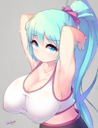 Rule 34 | 1girl, armpits, arms behind head, arms up, blue eyes, blue hair, blueberry (5959), breasts, cleavage, grey background, highres, huge breasts, long hair, matching hair/eyes, original, ponytail, simple background, solo, sports bra, sweat, upper body