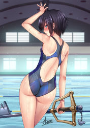 Rule 34 | 1girl, adsouto, arm up, ass, back cutout, black hair, blue eyes, clothing cutout, competition swimsuit, from behind, highres, holding, holding weapon, keyblade, kingdom hearts, kingdom key, looking at viewer, looking back, one-piece swimsuit, pool, short hair, solo, swimsuit, water, weapon, wet, xion (kingdom hearts)