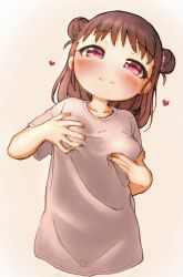 Rule 34 | 1girl, absurdres, blush, grabbing another&#039;s breast, breasts, brown hair, collarbone, cropped torso, double bun, grabbing, grabbing own breast, hair bun, heart, highres, idolmaster, idolmaster cinderella girls, light smile, looking at viewer, mugenhouyou, munakata atsumi, red eyes, shirt, simple background, small breasts, solo, two side up, white shirt