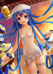 Rule 34 | 1girl, :d, aki99, alcohol, bangle, beach, beer, beer mug, blue eyes, blue hair, blush, bracelet, breasts, covered navel, cowboy shot, cup, curry, curry rice, food, hat, highres, holding, holding food, horizon, ikamusume, jewelry, bridal garter, long hair, looking at viewer, matching hair/eyes, mug, ocean, one-piece swimsuit, open mouth, outdoors, pasta, plate, prehensile hair, rice, school swimsuit, shinryaku! ikamusume, small breasts, smile, solo, spaghetti, standing, sunset, swimsuit, tentacles, tentacle hair, white school swimsuit, white one-piece swimsuit