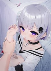 Rule 34 | 1boy, 1girl, absurdres, bandaid, bandaid on knee, bandaid on leg, bare shoulders, bed, black choker, blood, blunt bangs, choker, closed mouth, collarbone, collarbone piercing, commentary request, ear piercing, grey hair, heart, highres, holding another&#039;s wrist, hugging own legs, jewelry, keyhole, knees up, long sleeves, nail polish, off shoulder, original, piercing, pillow, purple eyes, purple nails, ring, sailor collar, scar, scar on arm, self-harm, shirt, sitting, tsukiman, white sailor collar, white shirt, wrist cutting
