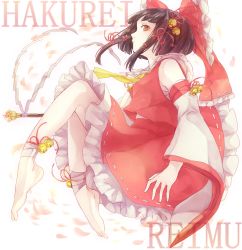 Rule 34 | 1girl, ankle wrap, anklet, ascot, bad id, bad pixiv id, barefoot, bell, bow, brown eyes, brown hair, character name, detached sleeves, frilled skirt, frills, full body, gohei, hair bell, hair bow, hair ornament, hair ribbon, hakurei reimu, highres, jewelry, looking at viewer, nontraditional miko, petals, red bow, red ribbon, red skirt, ribbon, sarashi, shinigami (pixiv4727902), short hair, sidelocks, simple background, skirt, solo, touhou, wide sleeves