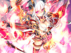 Rule 34 | 1girl, armor, between breasts, breasts, cape, cleavage, dagger, demon girl, eigou no venus gear, gauntlets, glowing, glowing eyes, horns, knife, large breasts, long hair, pink eyes, pointy ears, snake, solo, sword, thighhighs, weapon, white hair, yamacchi