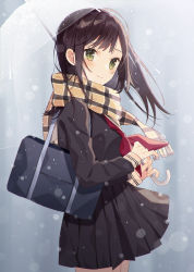 Rule 34 | 1girl, absurdres, bag, black hair, black shirt, black skirt, blush, brown scarf, closed mouth, commentary request, fringe trim, from side, green eyes, highres, holding, holding umbrella, long hair, looking at viewer, looking to the side, minasenagi, original, plaid, plaid scarf, pleated skirt, sailor collar, scarf, school bag, school uniform, serafuku, shirt, skirt, smile, snowing, solo, standing, transparent, transparent umbrella, umbrella, white sailor collar