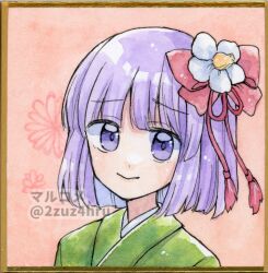 Rule 34 | 1girl, 2zuz4hru, :&gt;, blunt bangs, bow, closed mouth, floral background, flower, green kimono, hair bow, hair flower, hair ornament, hieda no akyuu, japanese clothes, kimono, long sleeves, medium hair, painting (medium), pink background, purple eyes, purple hair, raised eyebrows, red bow, red ribbon, ribbon, smile, solo, tassel, touhou, traditional media, upper body, watercolor (medium), white flower