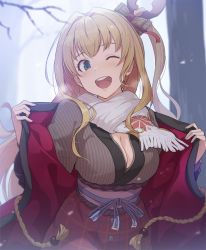 Rule 34 | 1girl, ;d, blonde hair, blue eyes, breasts, commentary request, granblue fantasy, hair ornament, hair ribbon, hinami (hinatamizu), large breasts, long hair, looking at viewer, mirin (granblue fantasy), one eye closed, open mouth, red ribbon, ribbon, scarf, side ponytail, smile, solo, white scarf, winter clothes