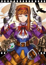 Rule 34 | 1girl, belt, bird, blue eyes, bow, brown background, brown hair, dual wielding, gloves, gun, hairband, handgun, highres, holding, holster, long hair, no~ma, one eye closed, pistol, red hairband, revolver, ribbon, sidelocks, smile, solo, vest, virginia maxwell, weapon, white gloves, wild arms, wild arms 3, wink