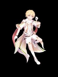 Rule 34 | 1boy, blonde hair, card, food fantasy, full body, highres, looking at viewer, male focus, official art, pale skin, pink eyes, playing card, sandwich (food fantasy), scarf, second-party source, short sleeves, shorts, solo, transparent background
