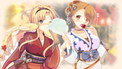 Rule 34 | 2girls, alternate costume, alternate hairstyle, beatrix (granblue fantasy), black hairband, blonde hair, blue eyes, blush, braid, breasts, brown eyes, brown hair, candy apple, cleavage, collarbone, commentary request, cotton candy, eating, food, granblue fantasy, hair over one eye, hair up, hairband, hand fan, highres, japanese clothes, jewelry, kimono, kuruhoro, large breasts, long hair, looking at viewer, multiple girls, necklace, open mouth, red kimono, single braid, white kimono, yukata, zeta (granblue fantasy)