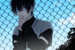 Rule 34 | 1boy, absurdres, arm belt, artist name, black hair, blue eyes, chain-link fence, cross, cross earrings, crying, crying with eyes open, day, detached sleeves, ear piercing, earbuds, earphones, earrings, fence, hands up, highres, jewelry, kugusarasiki, looking at viewer, male focus, original, outdoors, own hands together, piercing, ring, tears, upper body