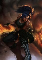 Rule 34 | 1girl, bare shoulders, belt, black gloves, black tank top, blue hair, breasts, closed mouth, earrings, gas can, gloves, high ponytail, highres, jewelry, leona heidern, medium breasts, military, military uniform, multicolored eyes, pants, ponytail, serious, solo, squatting, tank top, the king of fighters, the king of fighters xiii, uniform, yc yorkchow