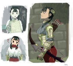 Rule 34 | 1girl, ?, armor, armored collar, arrow (projectile), ashei, black hair, blanko, blanko!, blunt bangs, bow (weapon), brick wall, cape, drawing (object), english text, fish in mouth, from side, fur cape, gauntlets, hair ornament, head tilt, jitome, long hair, looking at viewer, multiple views, nintendo, pants, pauldrons, quiver, ribbed sweater, sheath, sheathed, shoulder armor, signature, sweater, sword, the legend of zelda, the legend of zelda: twilight princess, tree, turtleneck, twintails, weapon