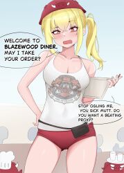 Rule 34 | 1girl, annoyed, blonde hair, blush, breasts, cleavage, covered navel, helmet, highres, inzoku29958, luciana de montefio, medic, open mouth, pig print, red eyes, shirt, short shorts, shorts, side ponytail, sleeveless, sleeveless shirt, thighs, waitress, zenless zone zero