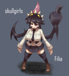 Rule 34 | 1girl, black hair, black thighhighs, breasts, character name, copyright name, extra mouth, filia (skullgirls), highres, large breasts, long hair, long tongue, middle finger, mitsumi (fuha-2), navel, necktie, prehensile hair, red eyes, samson (skullgirls), school uniform, skirt, skullgirls, solo, thighhighs, tongue, tongue out