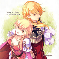 Rule 34 | 10s, 1boy, 1girl, 2016, :d, anniversary, armor, back-to-back, blonde hair, breasts, brother and sister, cape, cleavage, dated, eldigan (fire emblem), fire emblem, fire emblem: genealogy of the holy war, gloves, lachesis (fire emblem), long hair, nintendo, open mouth, shuri yasuyuki, siblings, smile, twitter username, yellow eyes
