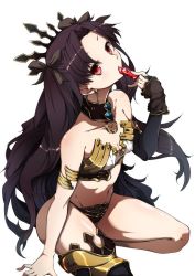 Rule 34 | 1girl, armlet, asymmetrical clothes, asymmetrical legwear, asymmetrical sleeves, bare shoulders, black hair, commentary, commentary request, crown, crystal, earrings, fate/grand order, fate (series), hair ornament, hoop earrings, ishtar (fate), jewelry, long hair, looking at viewer, pakotaroh, red eyes, shiny skin, simple background, solo, twintails, uneven legwear, uneven sleeves, white background