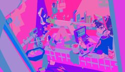 Rule 34 | 1other, absurdres, androgynous, bathroom, bathtub, blue footwear, book, cellphone, computer, drinking straw, flat color, gorilla, highres, holding, holding phone, indoors, laptop, legs up, lying, messy room, milk carton, neon palette, no lineart, original, partially submerged, phone, pink theme, pink water, ponsuke kaikai, rubber duck, shoes, sitting, sneakers, stuffed animal, stuffed toy, visor cap