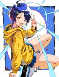 Rule 34 | 1girl, baggy clothes, blue hair, chromatic aberration, dootmoon, hair ornament, hair over one eye, hairclip, heterochromia, highres, hood, hoodie, looking at viewer, ooto ai, open mouth, shoes, short hair, short shorts, shorts, sneakers, solo, triangle hair ornament, v, wonder egg priority, yellow hoodie