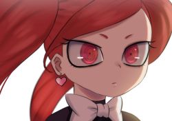Rule 34 | 1girl, boku no hero academia, bow, bowtie, close-up, commentary request, earrings, head, heart, heart earrings, highres, hyakki non, jewelry, la brava, long hair, portrait, red eyes, simple background, solo, twintails, white background, white bow