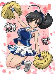 Rule 34 | 1girl, 2023, ahoge, alternate costume, alternate hairstyle, arm up, birthday, black eyes, black hair, blue bow, blue shirt, bow, character name, cheerleader, cherry blossoms, closed mouth, clothes lift, commentary, dated, floral print, full body, girls und panzer, hair bow, hair up, holding, holding pom poms, isuzu hana, jumping, lawson, legs up, long hair, looking at viewer, midriff, miniskirt, navel, outline, pink background, pleated skirt, pom pom (cheerleading), pom poms, sailor collar, shirt, shirt lift, shoes, skirt, skirt lift, sleeveless, sleeveless shirt, smile, sneakers, socks, solo, takahashi kurage, translated, white footwear, white outline, white sailor collar, white skirt, white socks, wind, wind lift, wristband