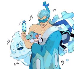 Rule 34 | 1boy, blue hair, blush, brycen (pokemon), closed eyes, commentary request, creatures (company), cryogonal, cubchoo, game freak, gen 5 pokemon, green (grimy), gym leader, highres, holding, holding pokemon, male focus, medium hair, musical note, nintendo, open mouth, pacifier, pokemon, pokemon (creature), pokemon bw, tearing up, teeth, tongue, vanillish