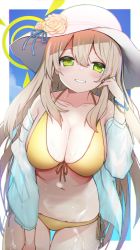 Rule 34 | 1girl, bare shoulders, beach, bikini, blue archive, blue sky, blush, breasts, cleavage, collarbone, green eyes, grin, halo, hat, highres, izuoku, large breasts, long hair, looking at viewer, navel, nonomi (blue archive), nonomi (swimsuit) (blue archive), sidelocks, sky, smile, solo, sun hat, swept bangs, swimsuit, thighs, white hat, yellow bikini