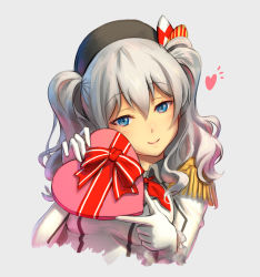 Rule 34 | 10s, 1girl, blue eyes, blush, box, epaulettes, gloves, grey background, hat, heart, heart-shaped box, holding, kantai collection, kashima (kancolle), pinakes, red ribbon, ribbon, silver hair, simple background, smile, solo, twintails, upper body, valentine, wavy hair, white gloves