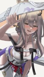 Rule 34 | 1girl, absurdres, bare shoulders, blush, breasts, cleavage, collarbone, drunk, goddess of victory: nikke, grey hair, hair between eyes, hair ornament, hairpin, hat, highres, large breasts, leaning forward, leotard, long hair, looking at viewer, reaching, reaching towards viewer, scarlet (nikke), sheath, simple background, smile, solo, sword, teeth, thigh sheath, upper teeth only, utsumichaba, weapon, white background, white hat, white leotard, yellow eyes