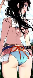 Rule 34 | 1girl, :d, ass, black hair, blue eyes, blue panties, blue sky, cloud, cloudy sky, commentary request, day, fate/grand order, fate (series), from behind, groin, highres, kyuu (plastic night q), long hair, looking away, looking to the side, open mouth, outdoors, panties, sky, smile, solo, topless, underwear, ushiwakamaru (fate)