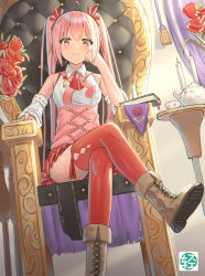 Rule 34 | 1girl, 5ya, ahoge, ascot, bad id, bad pixiv id, bare shoulders, blush, book, boots, brown footwear, candle, closed mouth, collared vest, copyright request, crossed legs, cup, curtains, detached sleeves, fingernails, flower, highres, indoors, long hair, looking at viewer, official art, pink hair, pink vest, pleated skirt, red ascot, red eyes, red flower, red rose, red skirt, red thighhighs, rose, sitting, skirt, smug, solo, table, teapot, thighhighs, throne, twintails, v-shaped eyebrows, vest, wing collar