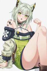 Rule 34 | 1girl, :o, animal ears, arknights, arm support, bare shoulders, breasts, cat ears, cleavage, commentary request, criss-cross halter, dress, green dress, green eyes, green hair, grey background, hair intakes, halterneck, hand up, highres, kal&#039;tsit (arknights), knee up, looking at viewer, material growth, medium breasts, open mouth, oripathy lesion (arknights), seraphim throne, short dress, short hair, simple background, sitting, solo, thighs