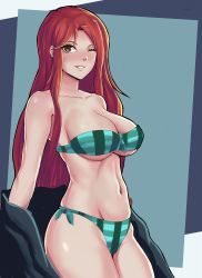 Rule 34 | 1girl, absurdres, bandeau bikini, breasts, brown eyes, cleavage, grin, highres, juliette (murgoten), large breasts, legs, looking at viewer, mishairl, navel, one eye closed, parted lips, red hair, smile, solo, thighs, wink