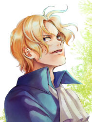 1boy ascot blonde_hair blue_eyes blue_shirt collared_shirt commentary_request highres kafuyutns looking_to_the_side male_focus one_piece sabo_(one_piece) scar scar_on_face shirt short_hair smile solo twitter_username upper_body white_ascot