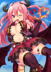 Rule 34 | 1girl, :d, antenna hair, bad id, bad pixiv id, bare shoulders, black gloves, black thighhighs, blush, bow, breasts, cleavage, cloud, day, demon girl, demon horns, demon wings, dress, elbow gloves, finger to mouth, fire, gloves, hair between eyes, heart, highres, horns, large breasts, long hair, looking at viewer, low wings, navel, navy (navy.blue), open mouth, original, over-kneehighs, pink eyes, pink hair, pinky out, pointy ears, red bow, red dress, sky, smile, solo, sparkle, tail, thighhighs, two side up, wings